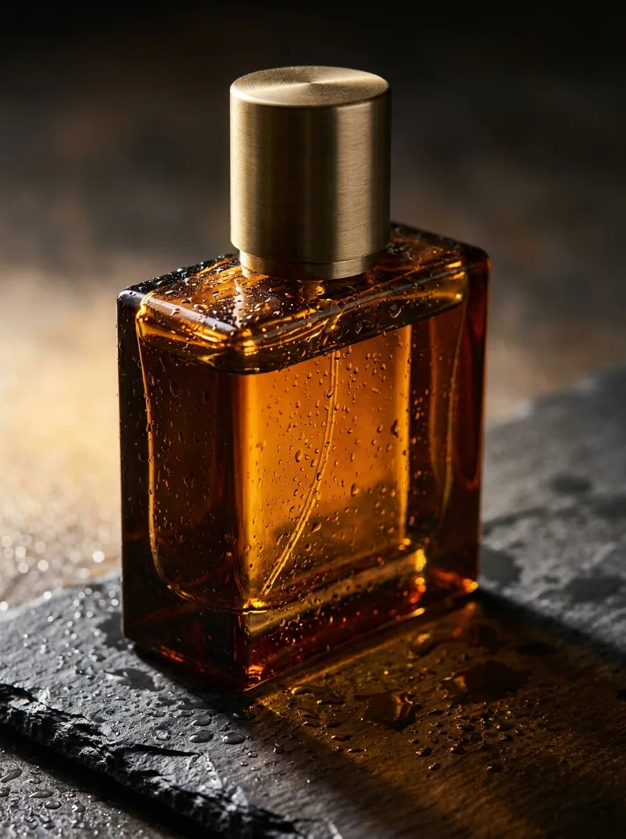 The Ambre Rouge extrait: a squared amber glass flacon with a brushed-brass cap, beaded with condensation on dark slate.