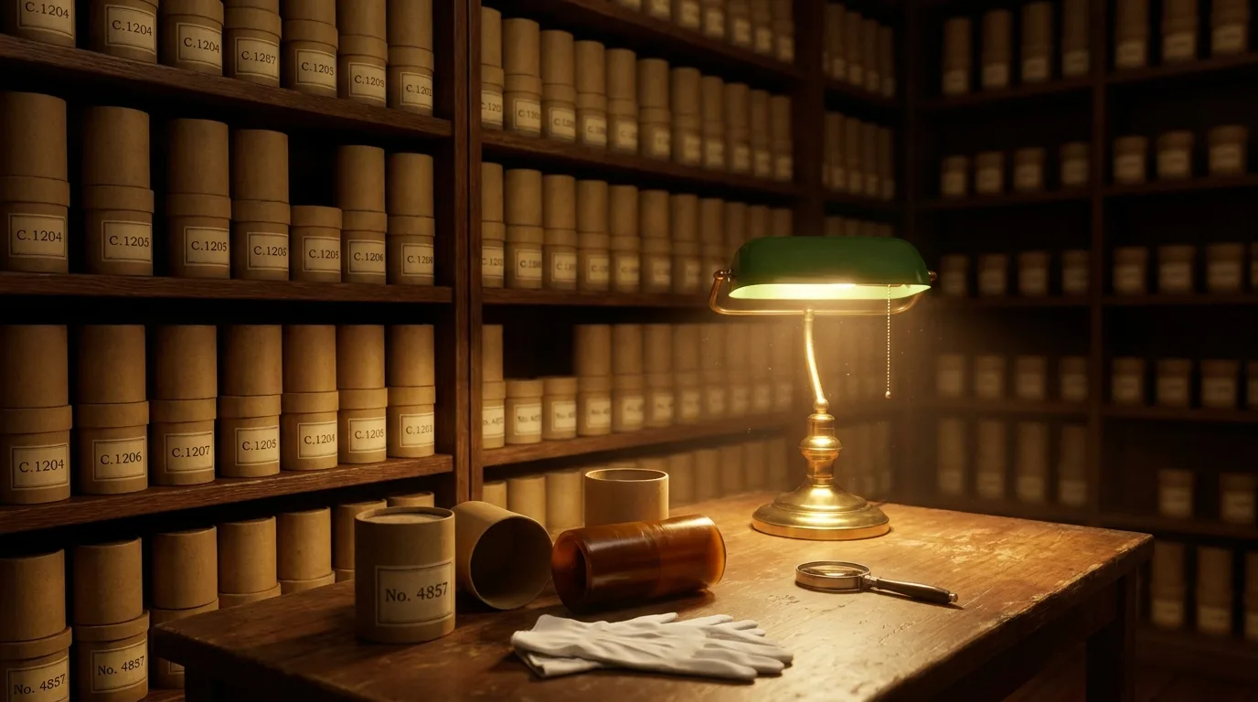 The cold vault anteroom: shelves of labeled cylinder boxes under a single brass lamp, with an open box, cotton gloves, and a loupe on the worktable