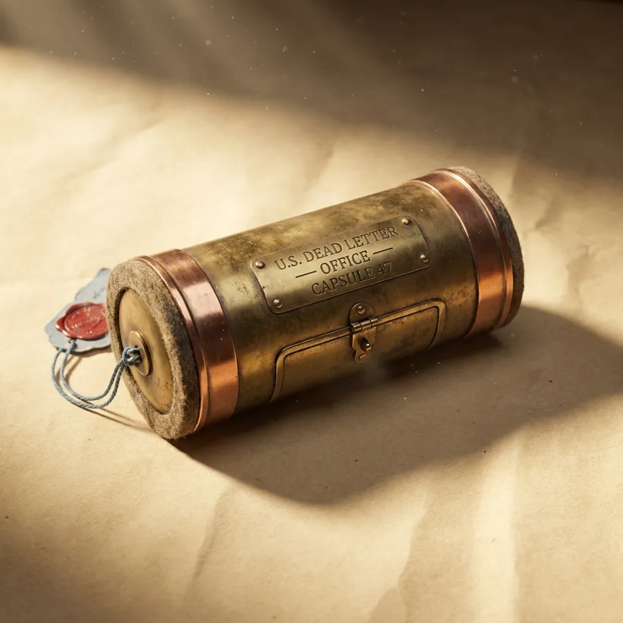 An aged brass pneumatic mail capsule with copper banding and an engraved plate reading U.S. Dead Letter Office — Capsule 47