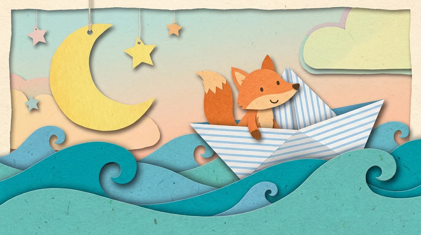 A paper-cut fox sailing a striped paper boat under a crescent moon