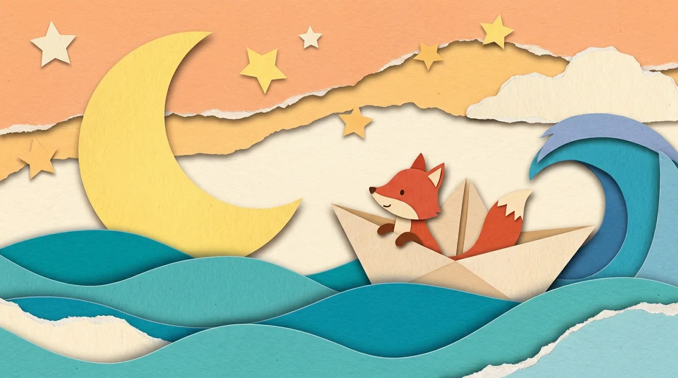 A paper-cut fox reclining in a paper boat at dusk, waves and a crescent moon behind